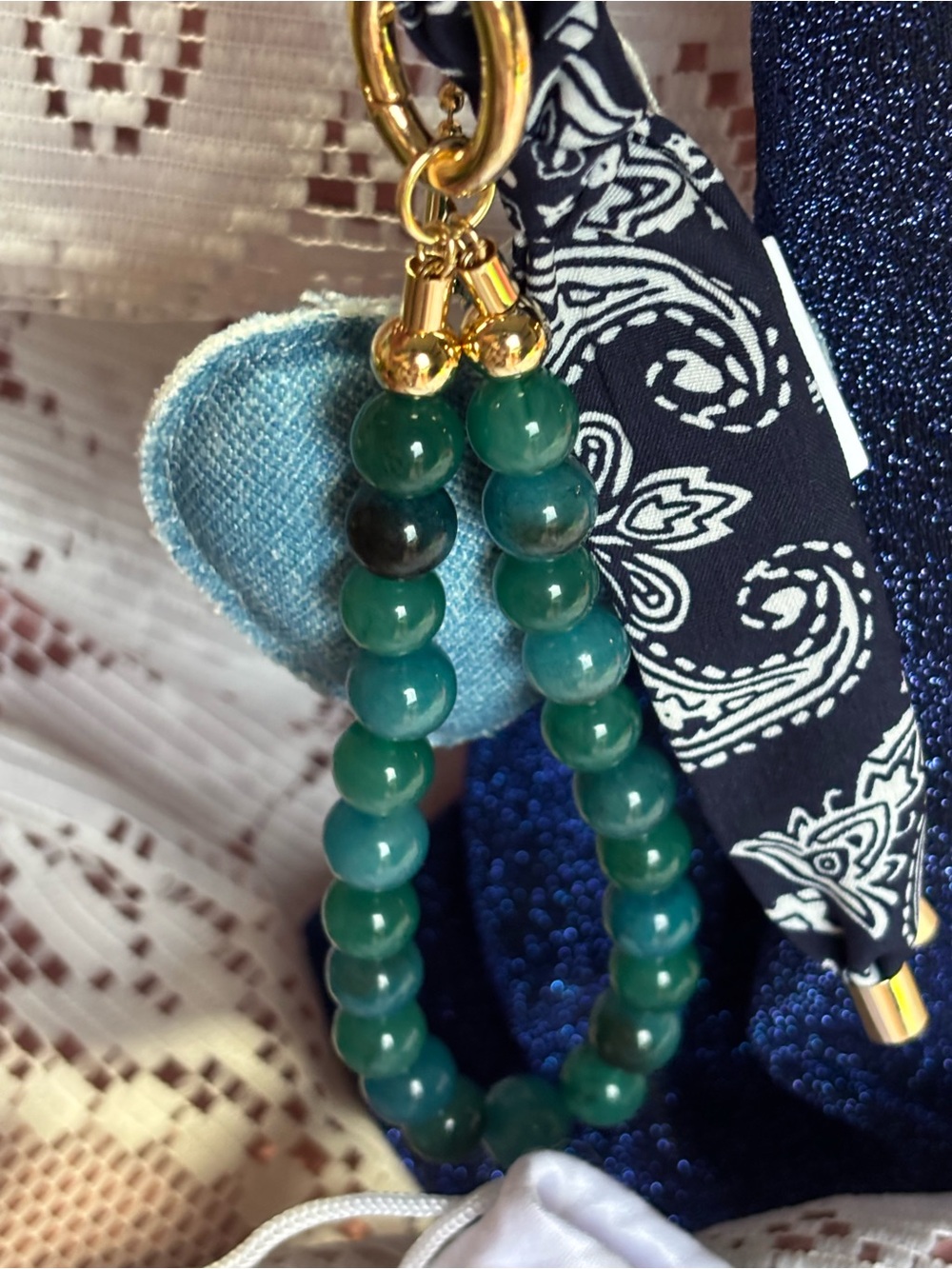 Park Lane Blue Denim Heart Keychain with Teal Bead Strand and Navy Bandana Tie - Picture 2 of 9